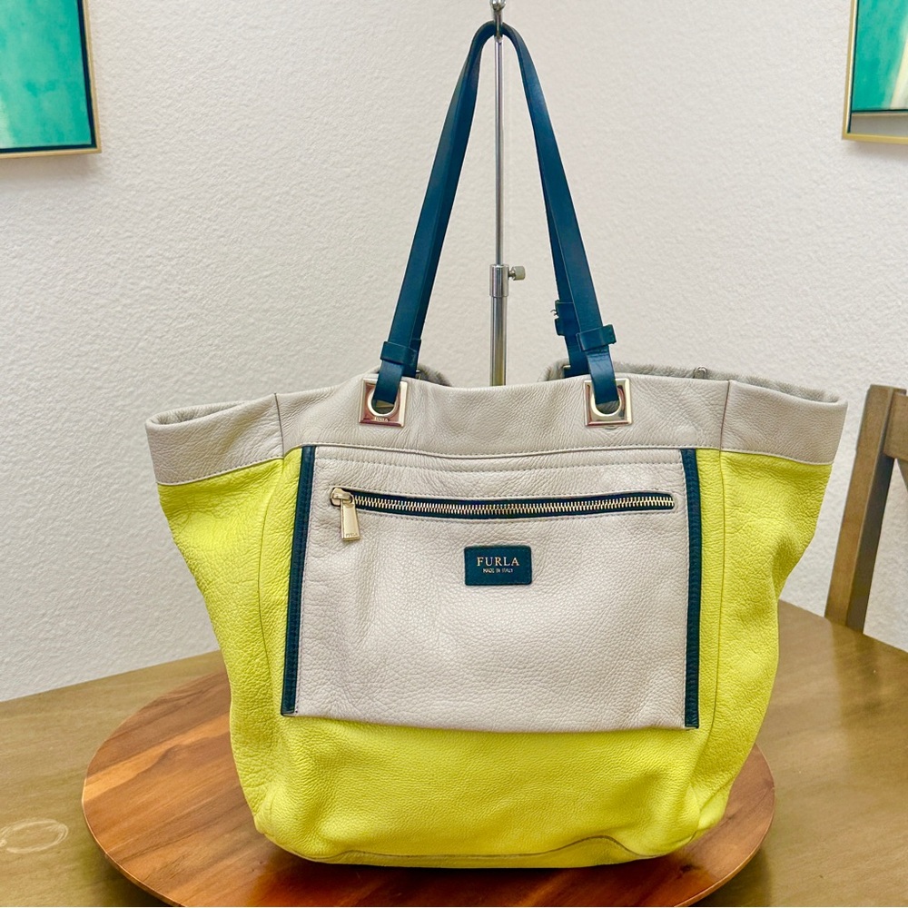 💚 FURLA LIME GREEN BAG PEBBLED LEATHER SLOUCH SHOULDER TOTE BAG LARGE MOM BAG